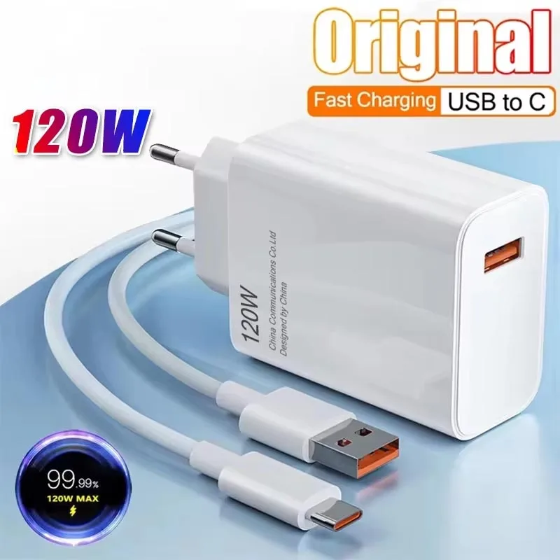 Novo Carregador Ultra Rápido Original de 120W para Celular com Cabo USB Tipo C de 6A para Xiaomi Redmi, Padrão de Carregamento 3.0, Compatível com Tomadas US/EU/UK