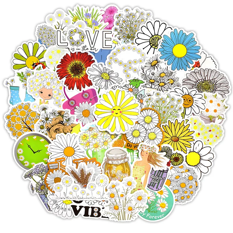 

50 Pcs Flowers Daisy Cartoon Stickers for Kids Fashion VSCO Style Scrapbooking Sticker for Laptop Phone Refrigerator Car Decals