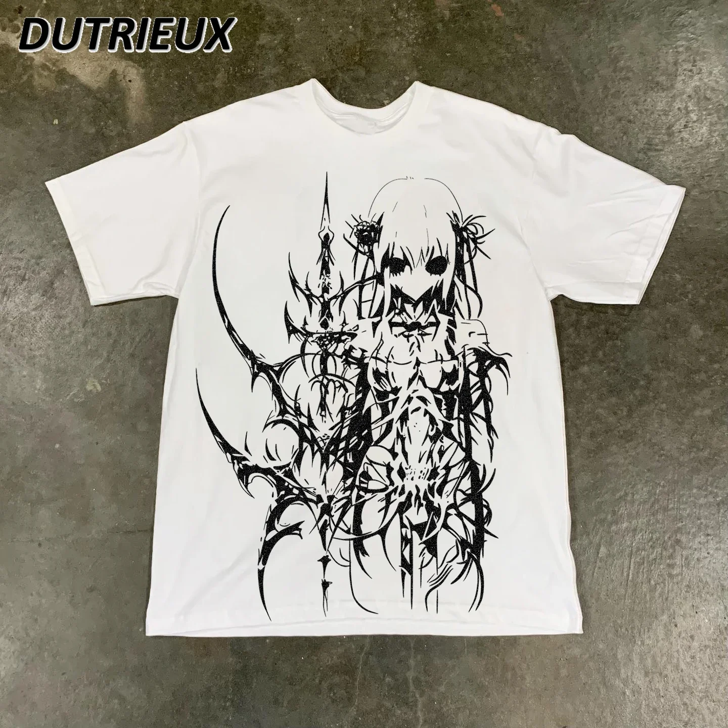 

Gothic Punk Style Anime Print Short-Sleeved T-shirt Summer New Oversize Round Neck Simple T Shirt White All-Match Tops for Women