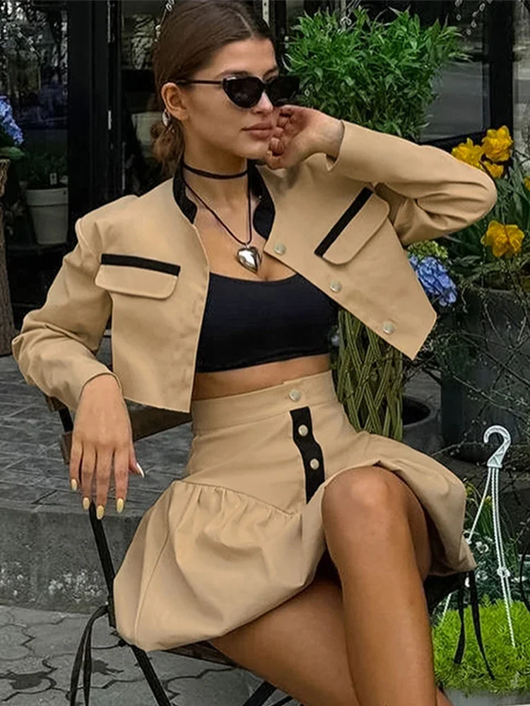 2024new Fashion Women 2 Pieces Sets Lapel Long Sleeve Crop Jacket High Waist Pleated Mini Skirt Suit Autumn Coat Skirts Lady Set