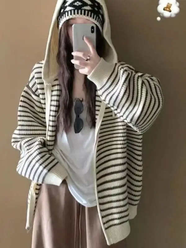 

Lazy Autumn Winter Hooded Striped Knitwear Zipper Svel Sweater Light Beige Loose Fit Slimming Sle Commute Faion