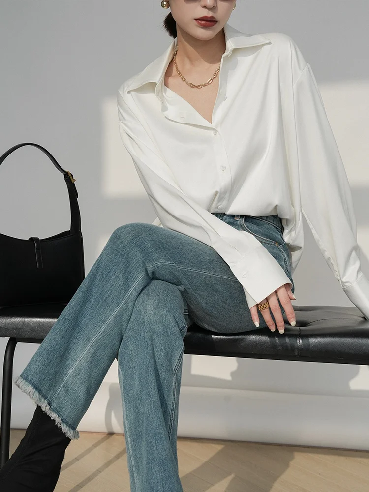 

QCEO Commuter Sle Satin Long Sve Loose Women's irt Layering Friendly Ele Drapey Faionable Office Wear