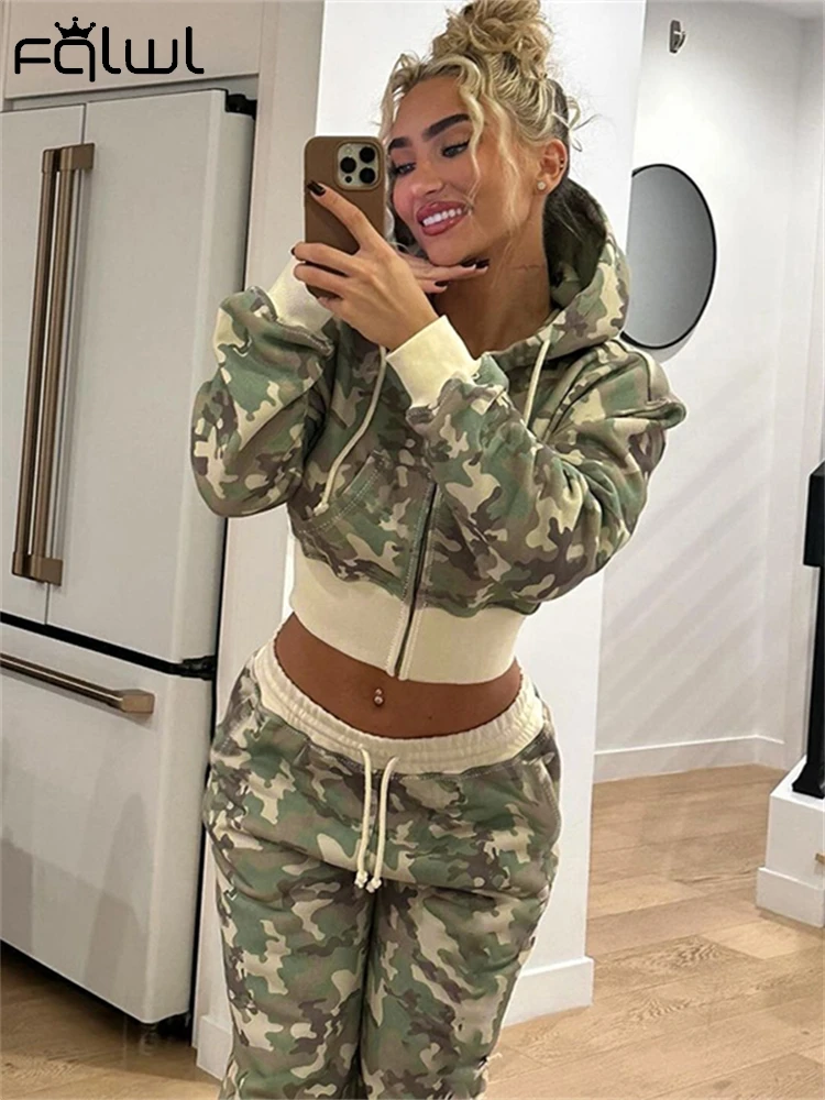 Habbris Winter Street Camouflage Print Sweatsuit Set Women 2024 Zip Up Hooded Crop Bomber Jacket+Drawstring Straight Cargo Pants