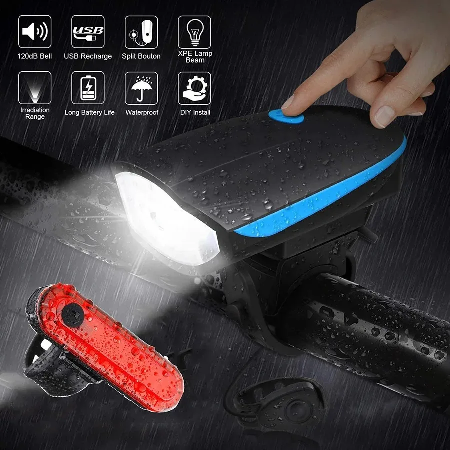 

Велосипедный фонарь с звуковым сигналом, перезаряжаемый через USB светодиодный водонепроницаемый MTB велосипед, темная ночь, уличная фара для езды и комплект задних фонарей для велосипеда