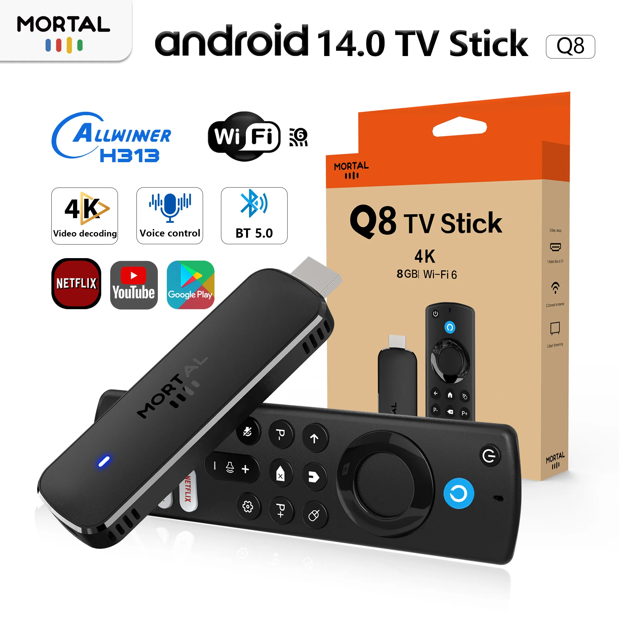 Andriod14 TV stick Voice Control Theater WIFI6 Bluetooth 4K Video Allwinner H313 Free Live TV Set Top Box 2G8G16G Mortal Q8