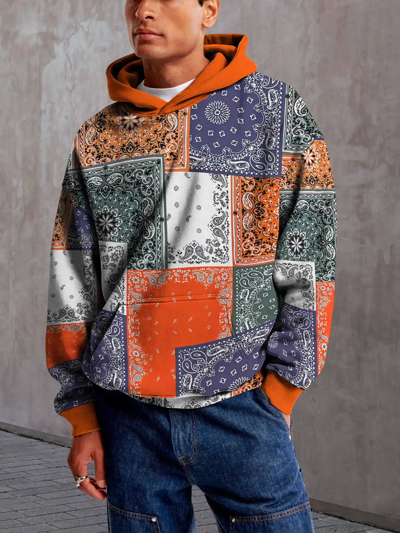 

Retro patchwork style 3D print hoodie outdoor flame pattern hoodie sweatshirt casual street style pullover hoodie top