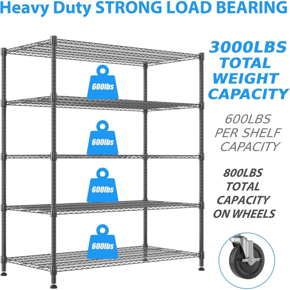 Heavy Duty 5 Tier Adjustable Metal Shelving Unit with Wheels for Commercial Storage, Garage Organization Solutions