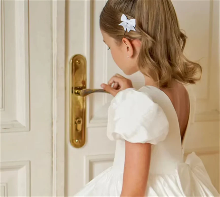 Customized Flower Girl Dress for Wedding Bow Short Sleeve High Waist Knee Length Elegant Kids Birthday First Communion Gown
