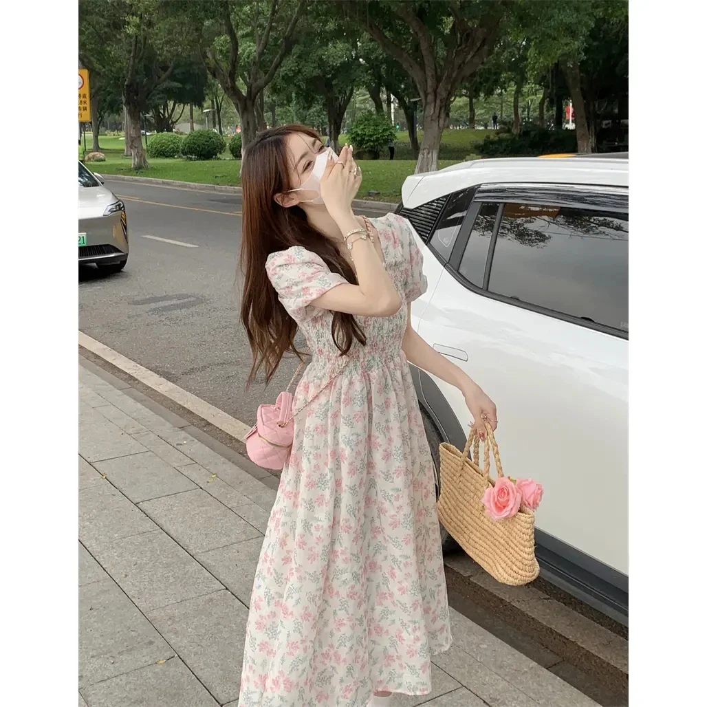 Maternity Summer Dresses Korean Pleated Midi Length Short Sleeved Skirt Pregnancy  A-line Woman Postpartum Floral Printed Dress