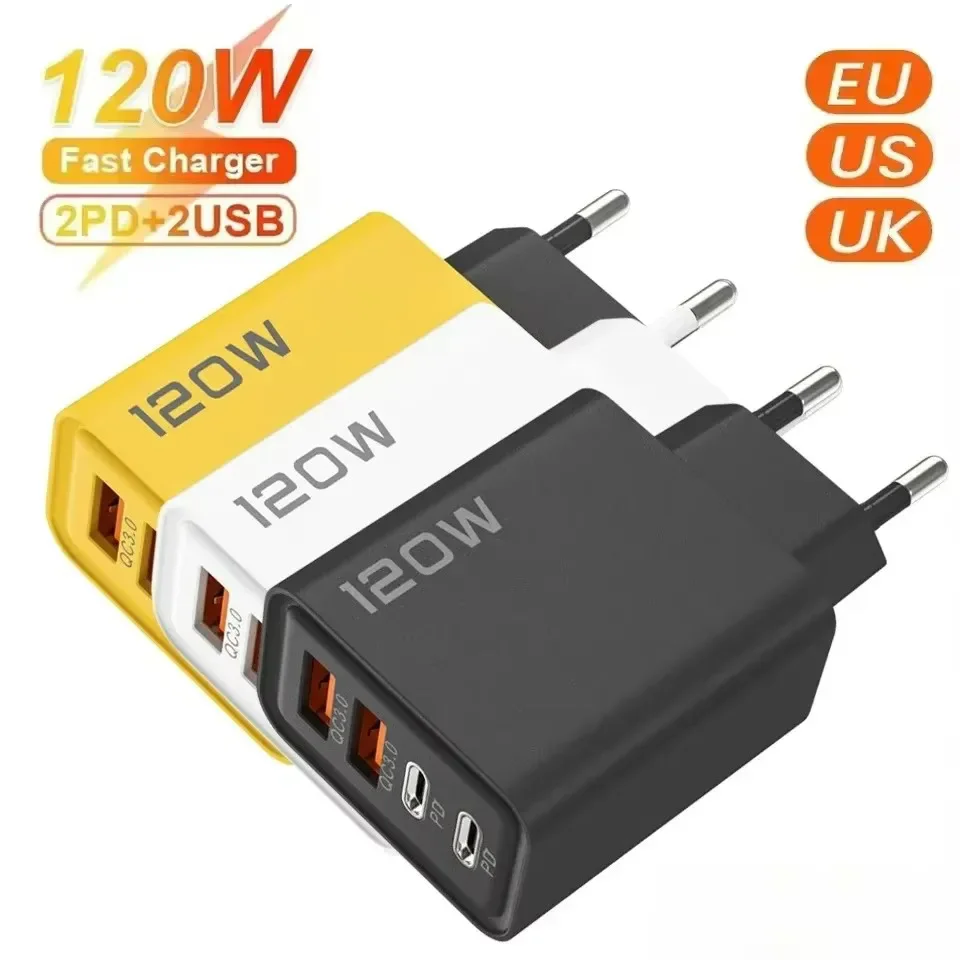 Cargador de 120W con 4 puertos USB-C PD 3.0, carga rápida, adaptador de carga rápida para teléfonos Samsung, Xiaomi, Huawei, iPhone