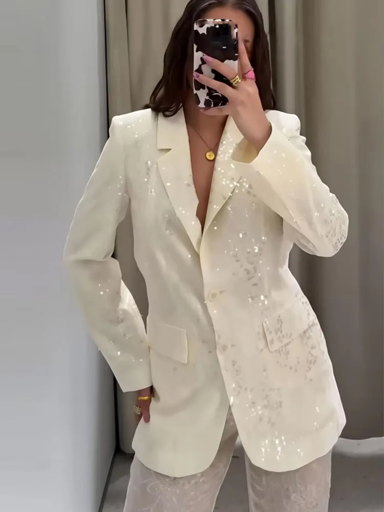 

HH Women Fashion Versatile Lapel Sequined Long Sleeves Pockets Single-breasted Blazer+High Waist Casual Wide-leg Pants Suit