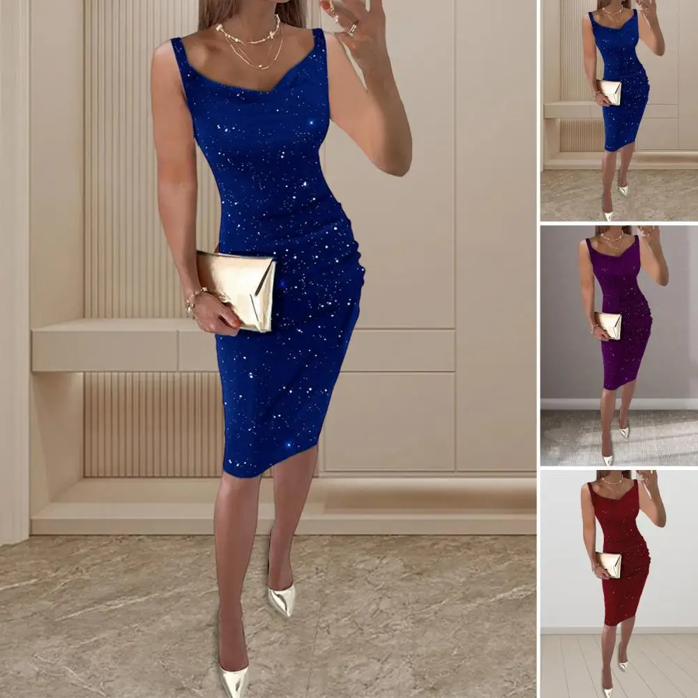 Women Midi Dress Elegant Rhinestone Decor V Neck Party Dress for Women Sheath Slim Fit Knee Length Midi Dress with for Club