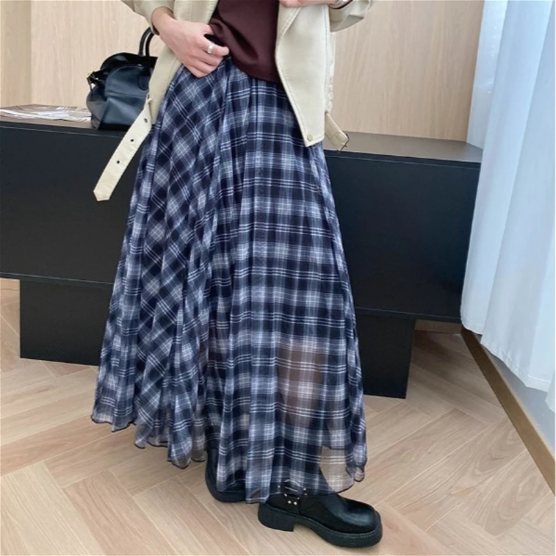 

Женские сетчатые юбки, клетчатая юбка, цветная ампирная эластичная талия, длина до щиколотки, неэластичная повседневная офисная женская юбка, осень-зима 202, осень-зима
