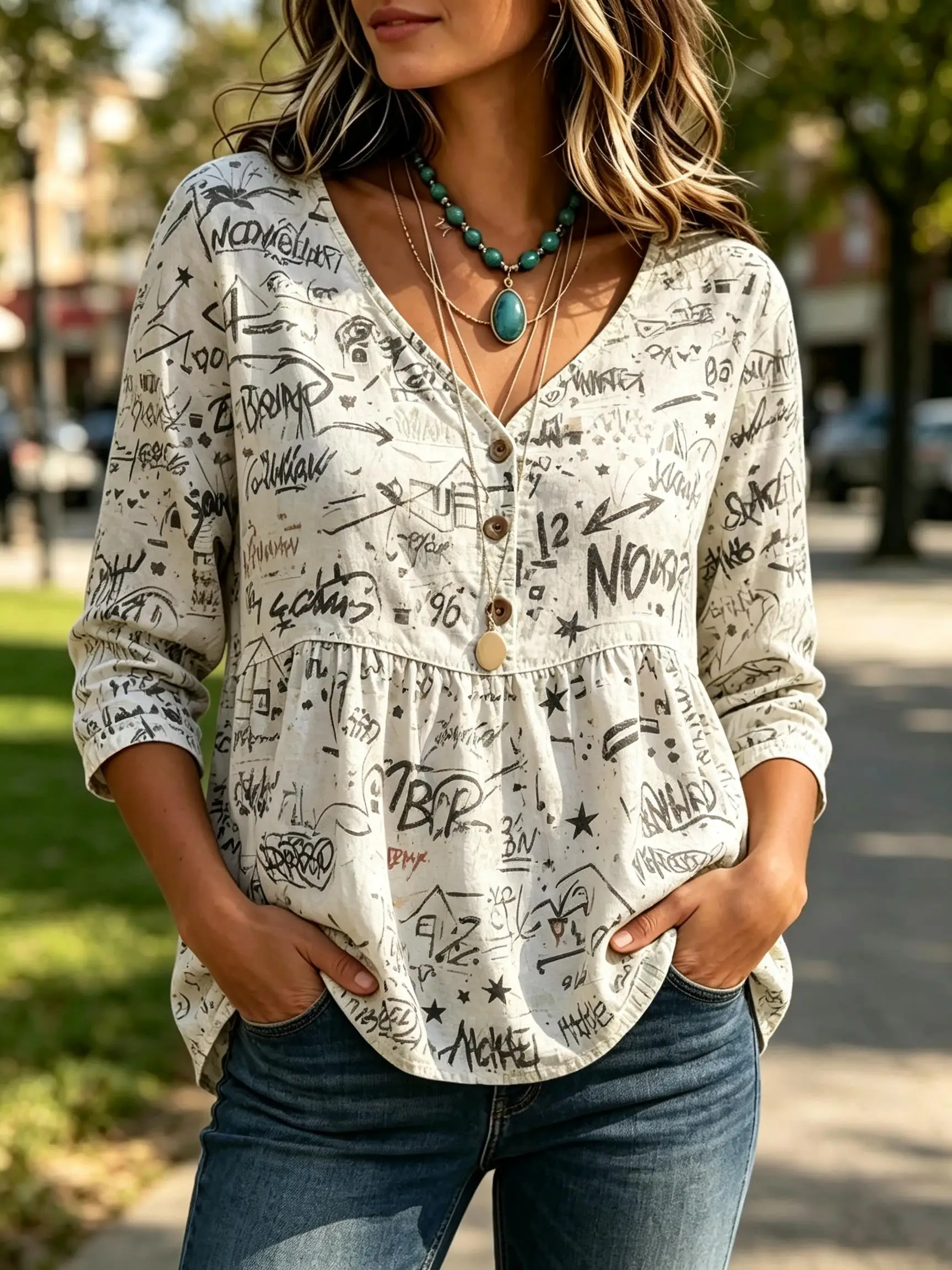 Women Loose Babydoll Tunic Top, Street Graffiti Print, V Neck Half Button 3/4 Sleeve Casual Daily Blouse