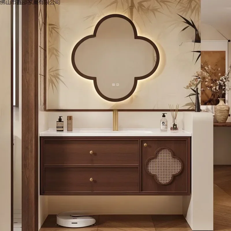 Song Style Aesthetics French Bathroom Cabinet Combination Antique Oak Washstand with Ceramic Integrated Basin