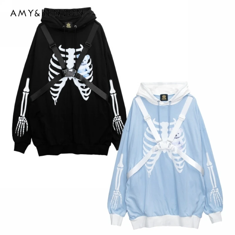 

Japanese Harajuku Mine Series Printed Lace Up Buckle Hoodies Spring Autumn Subculture Water Color System Goth Oversized Hoodie