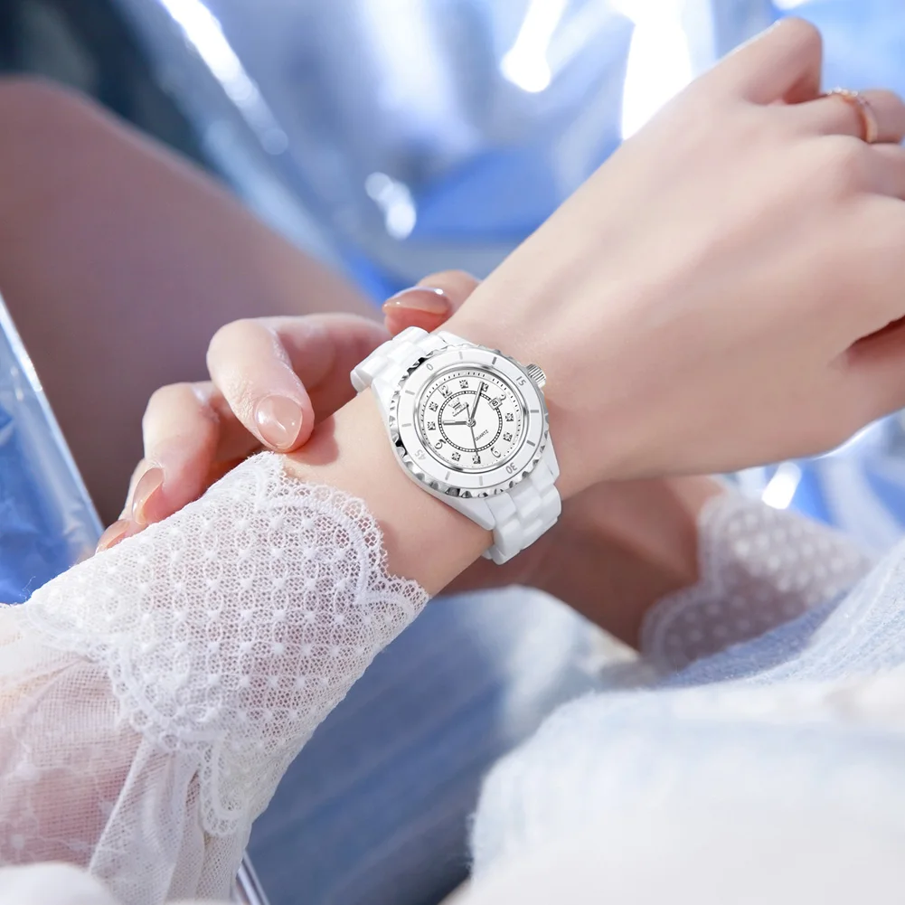 

OLEVS Fashion Women's Casual Elegant Simple Quartz Watch Gift for Women Wristwatch Pure White Ceramic Strap Casual Relogio