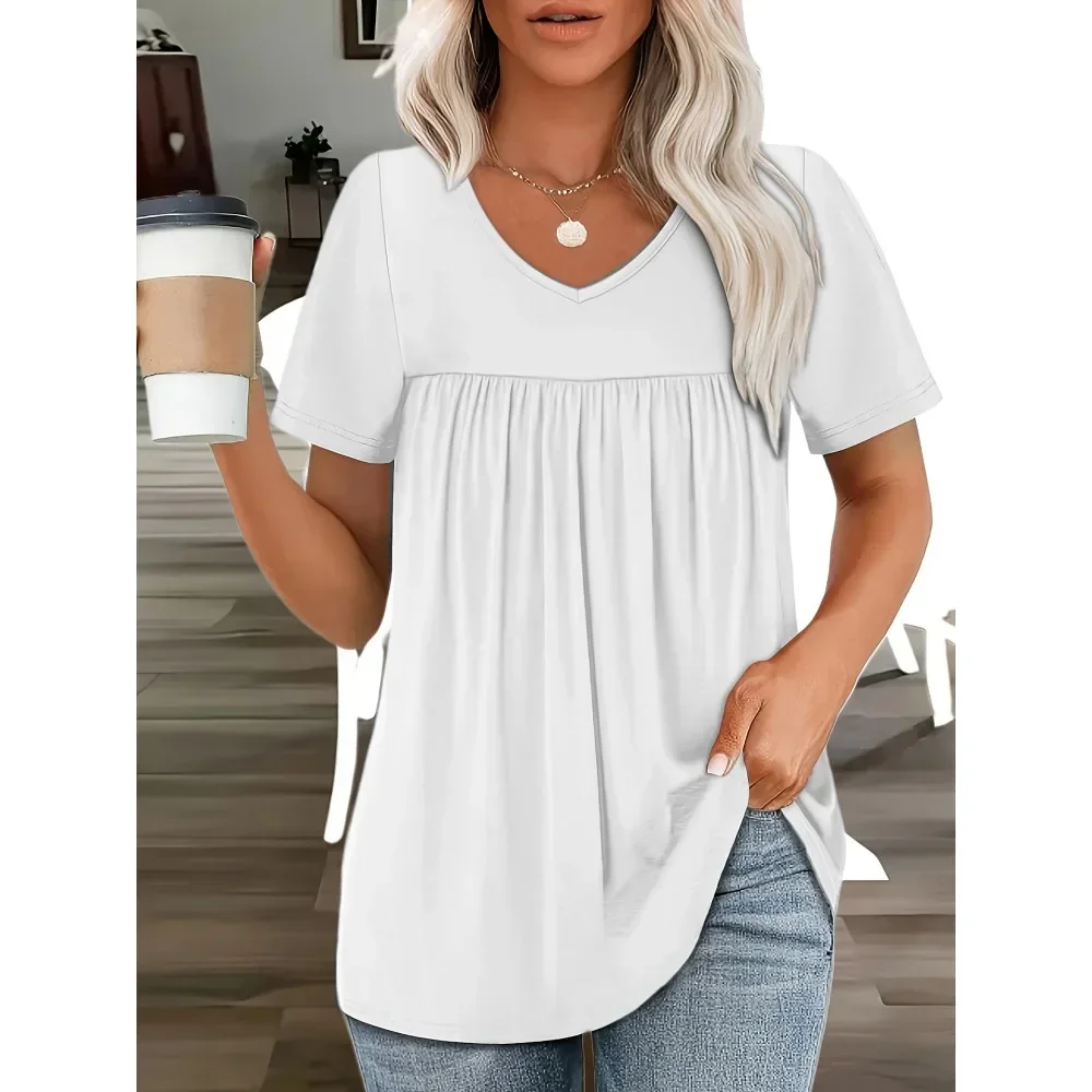Women Summer Ruched V-Neck Solid Color Loose Short Sleeve T-Shirt Casual Office Streetwear Minimalist Chic Ladies Basic Tee