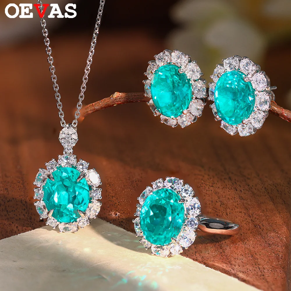 

OEVAS 6CT 10*12mm Lab Grown Paraiba Ring/Earrings/Necklace Set for Women 100% S925 Silver Oval Gemstones Wedding Fine Jewelry