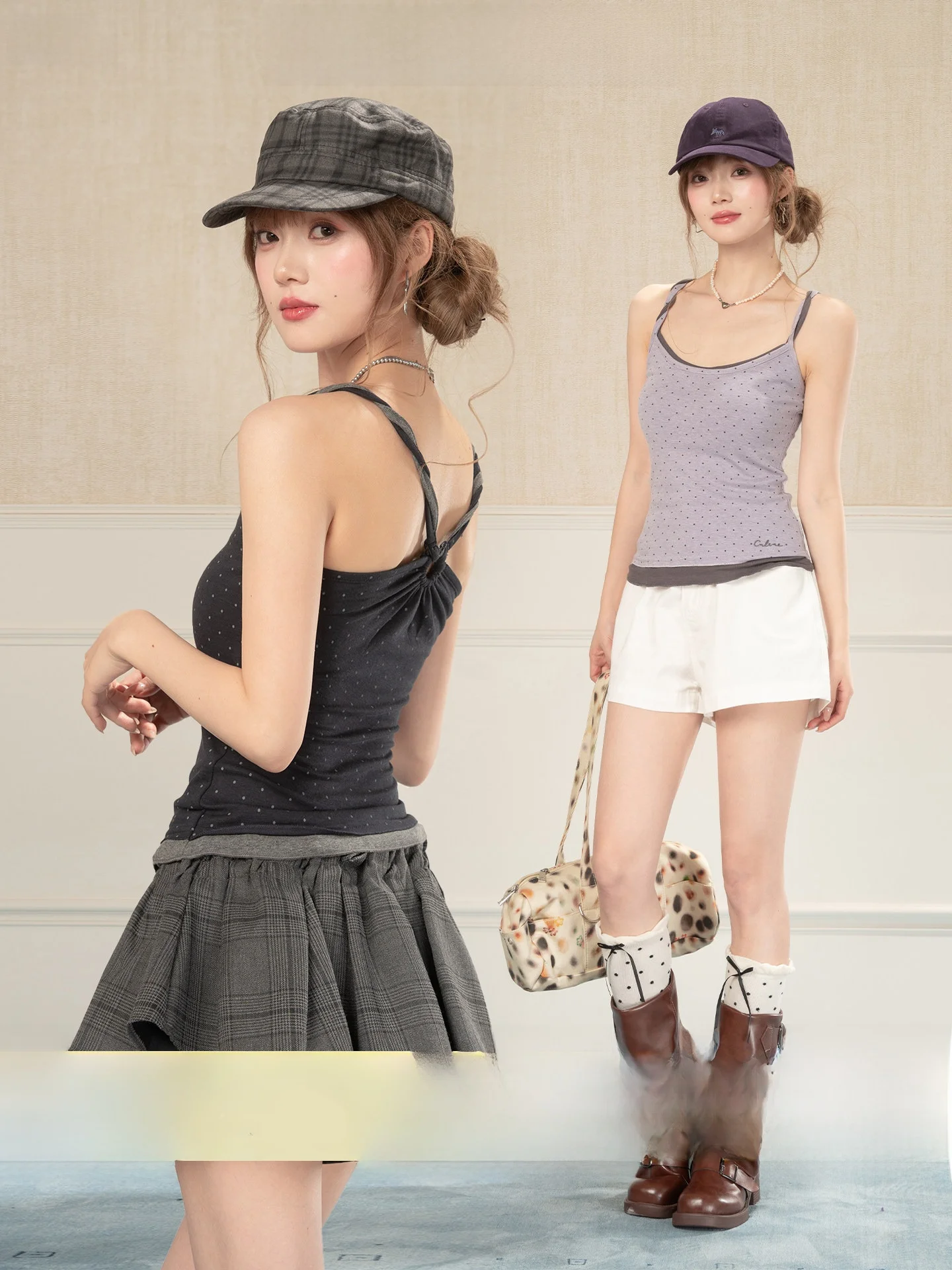 

Heynew Color Block Polka Dot Halter Vest Women's Slim Fit Beautiful Top Spring Summer New Style Sexy Girl Sweet Style U-Neckline