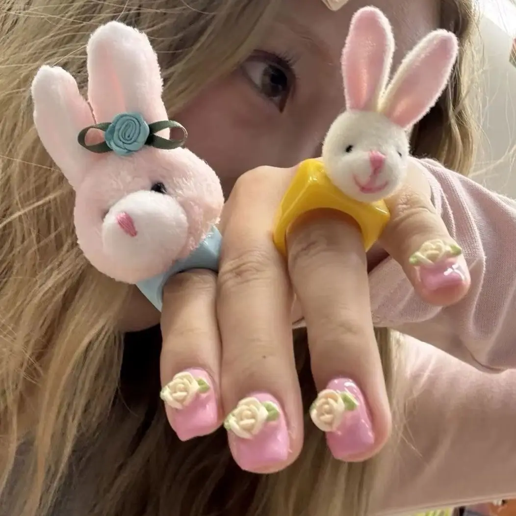 Soft Plush Rabbit Figure Ring 3D Stereo Animal Finger Ring Sweet Trendy Party Y2K Daily Wear Statement Women Jewelry