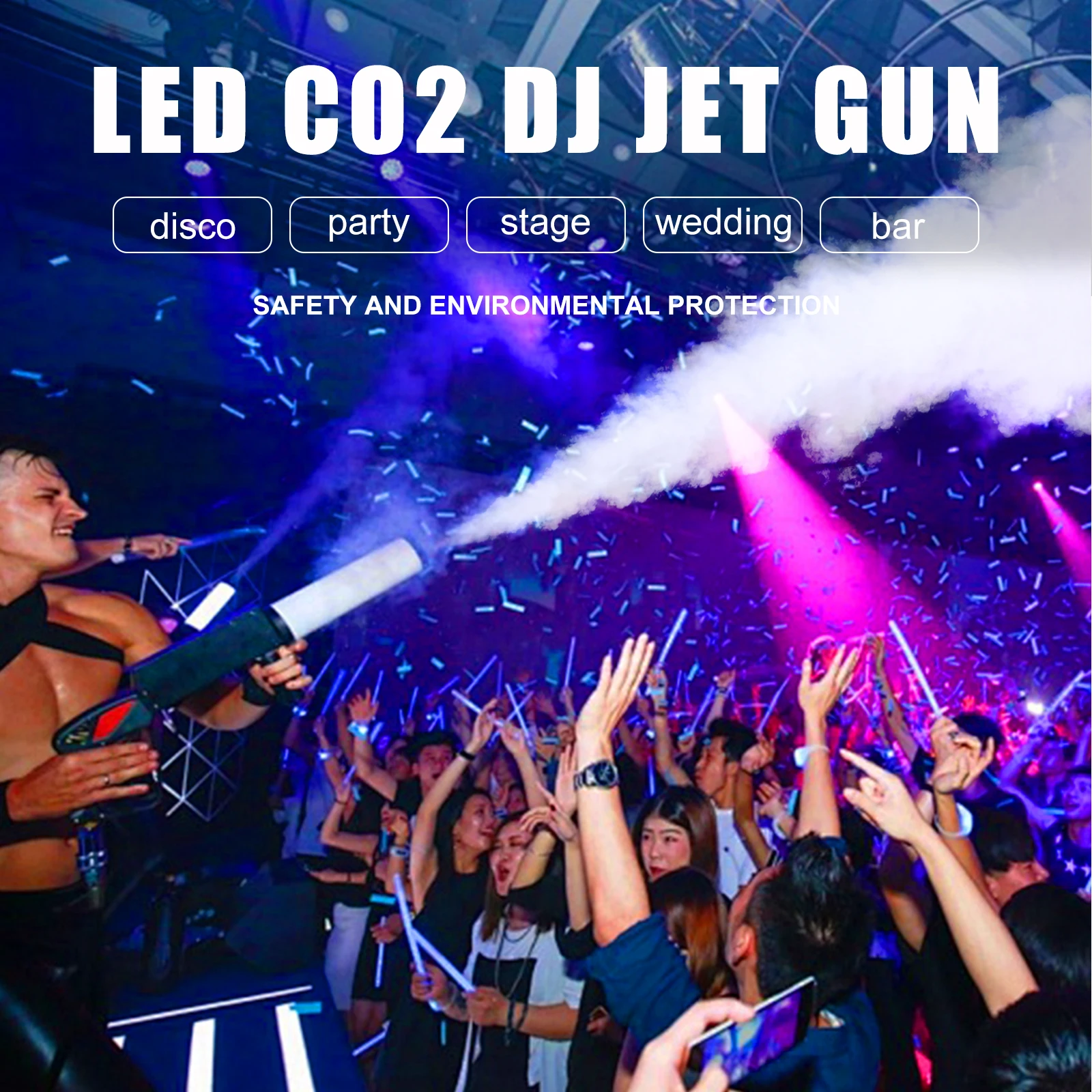 손잡이가 달린 CO2 제트 기계, LED CO2 가스 기둥 총, 연기 안개 기계 권총, DJ 디스코 파티 결혼식용 발광 무대 특수 효과