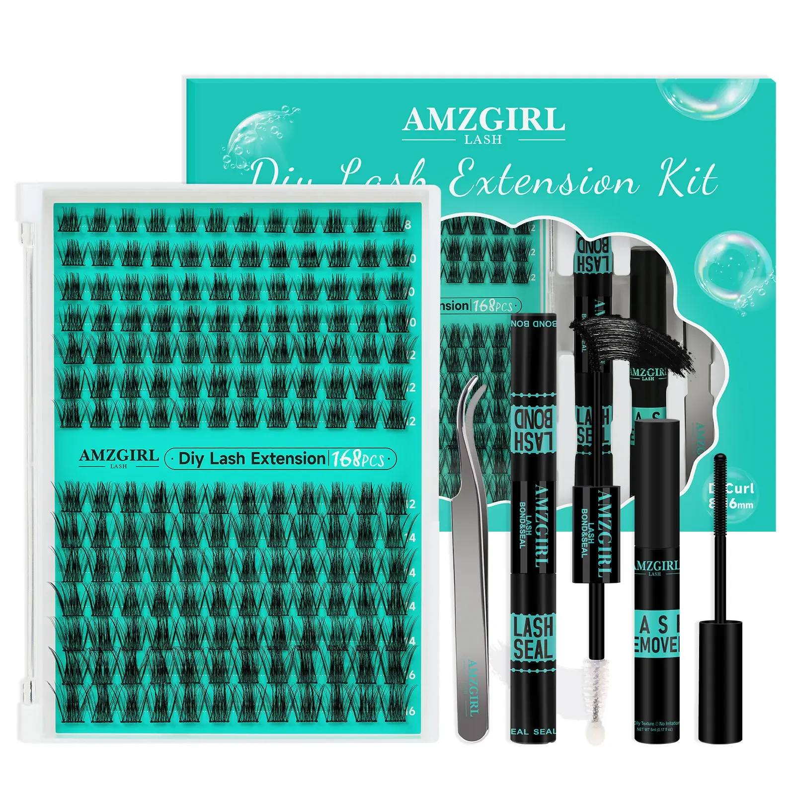 AMZGIRL LASH DIY Eyelashes Kit 168pc Clusters Lashes D Curl Waterproof Bond and Seal with Remover Tweezer Easy to Apply