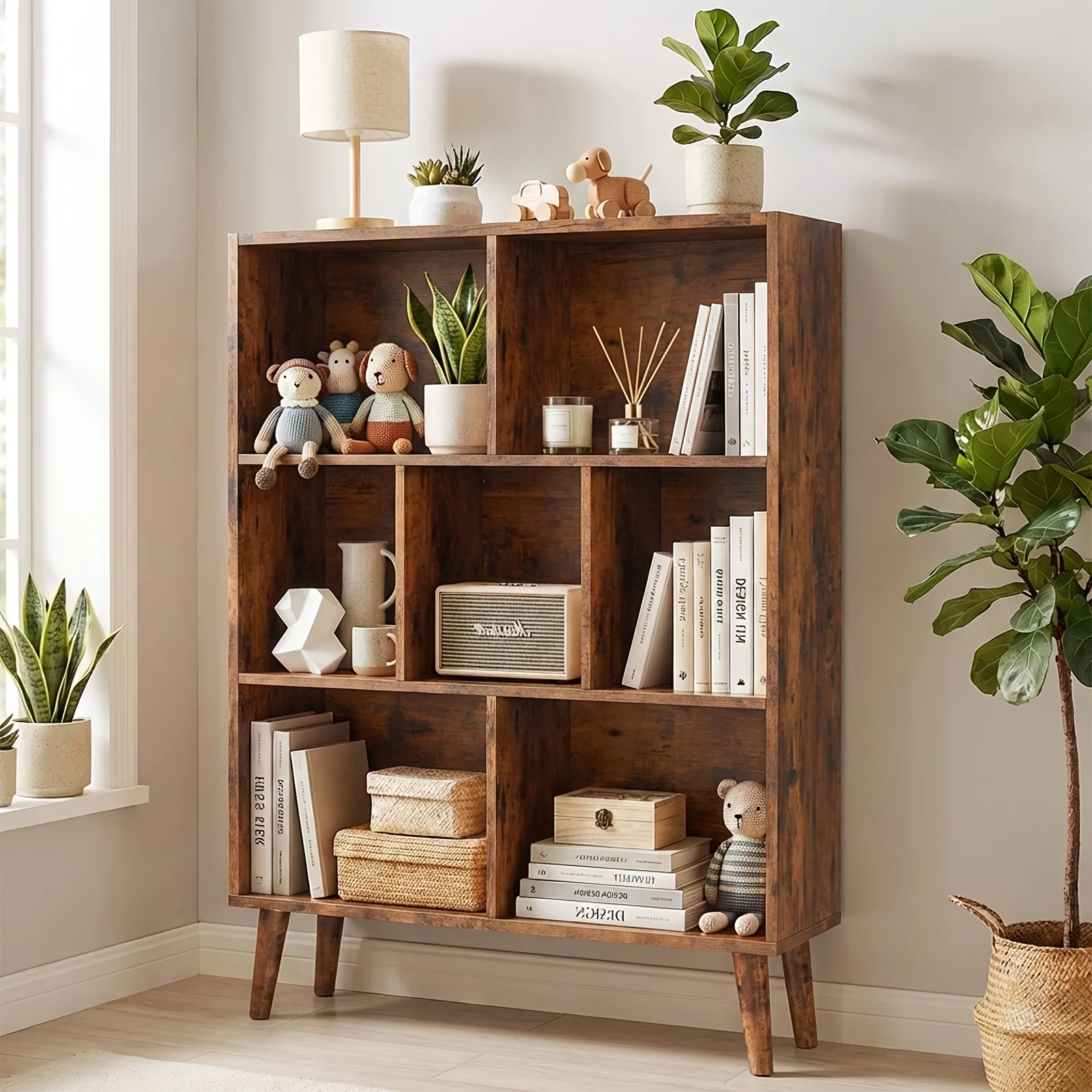 Bookshelf, 7 Cube Storage Organizer with Legs, 3-Tier Modern Wooden Bookcase