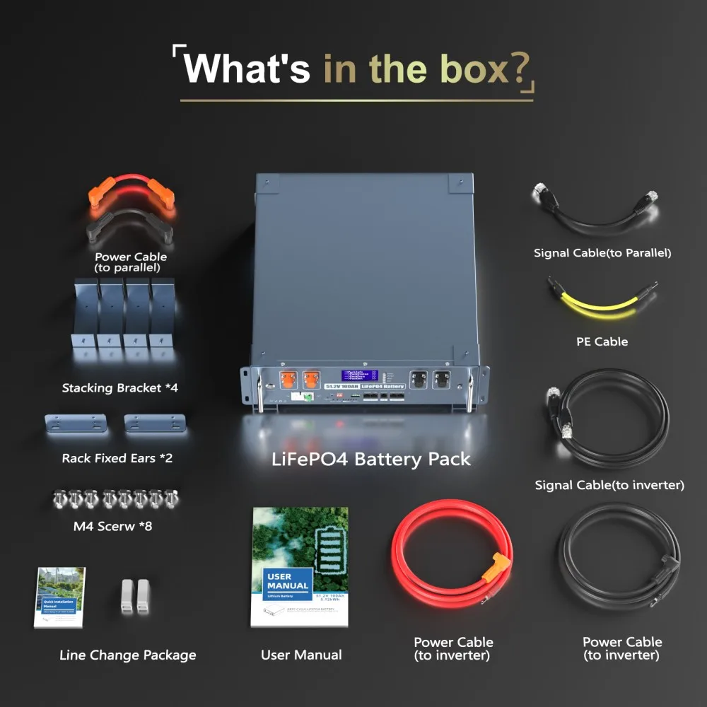 بطارية ليثيوم LiFePO4 48 فولت 100 أمبير في الساعة، جهاز تحكم عن بعد واي فاي 100 أمبير، بلوتوث BMS 8000+ دورات، بحد أقصى. طاقة 5.12 كيلو وات للنظام الشمسي خارج الشبكة