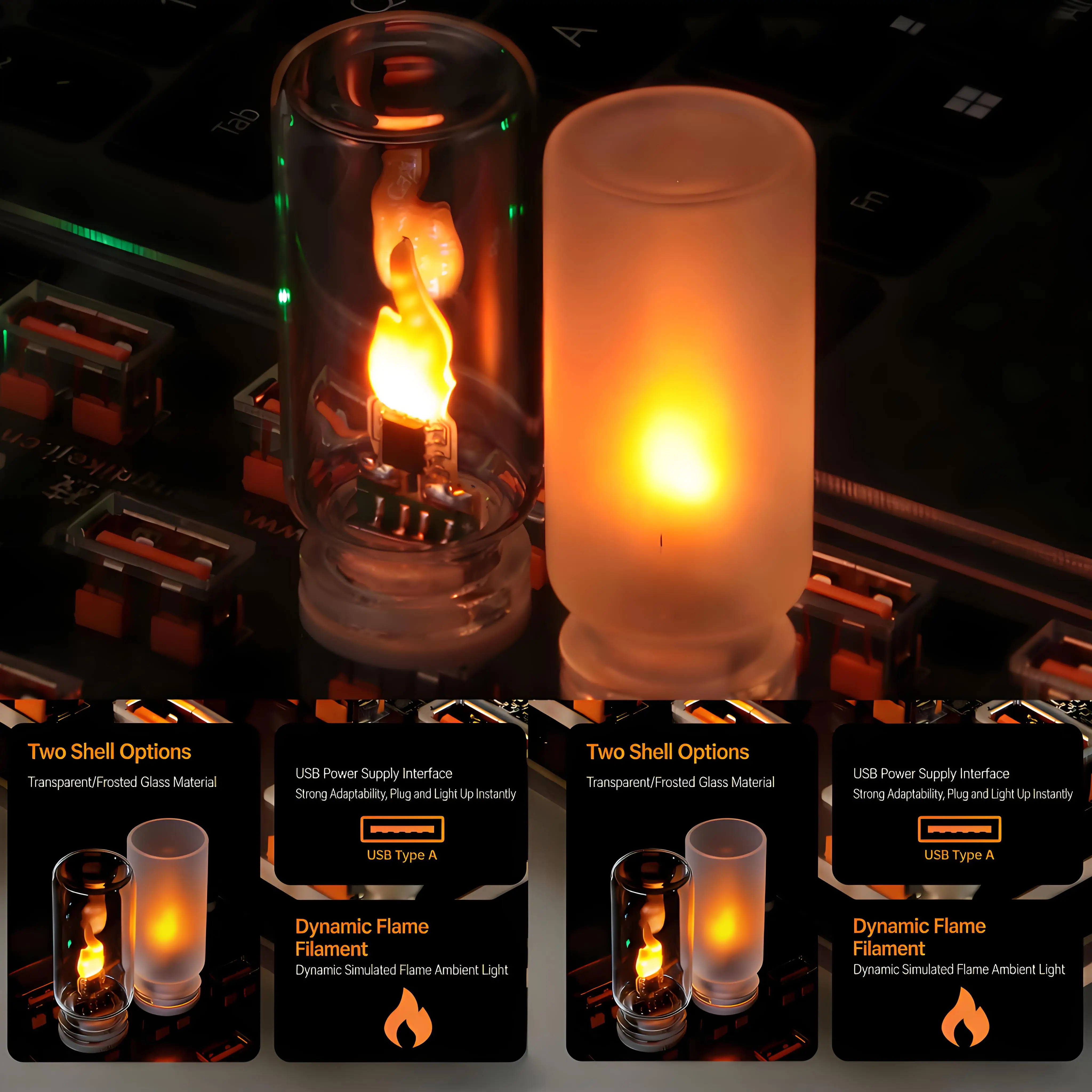 5V USB LED Flashing Candle Light Flame Night Light Frosted Clear Glass Decorative Touch Control Mood Lighting for Car Home Lamp