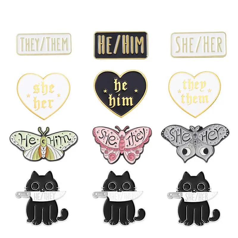 My Pronouns Enamel Pins Custom Cats Butterfly He Him She Her They Them Brooches Lapel Badges Jewelry Gift for Kids Friends