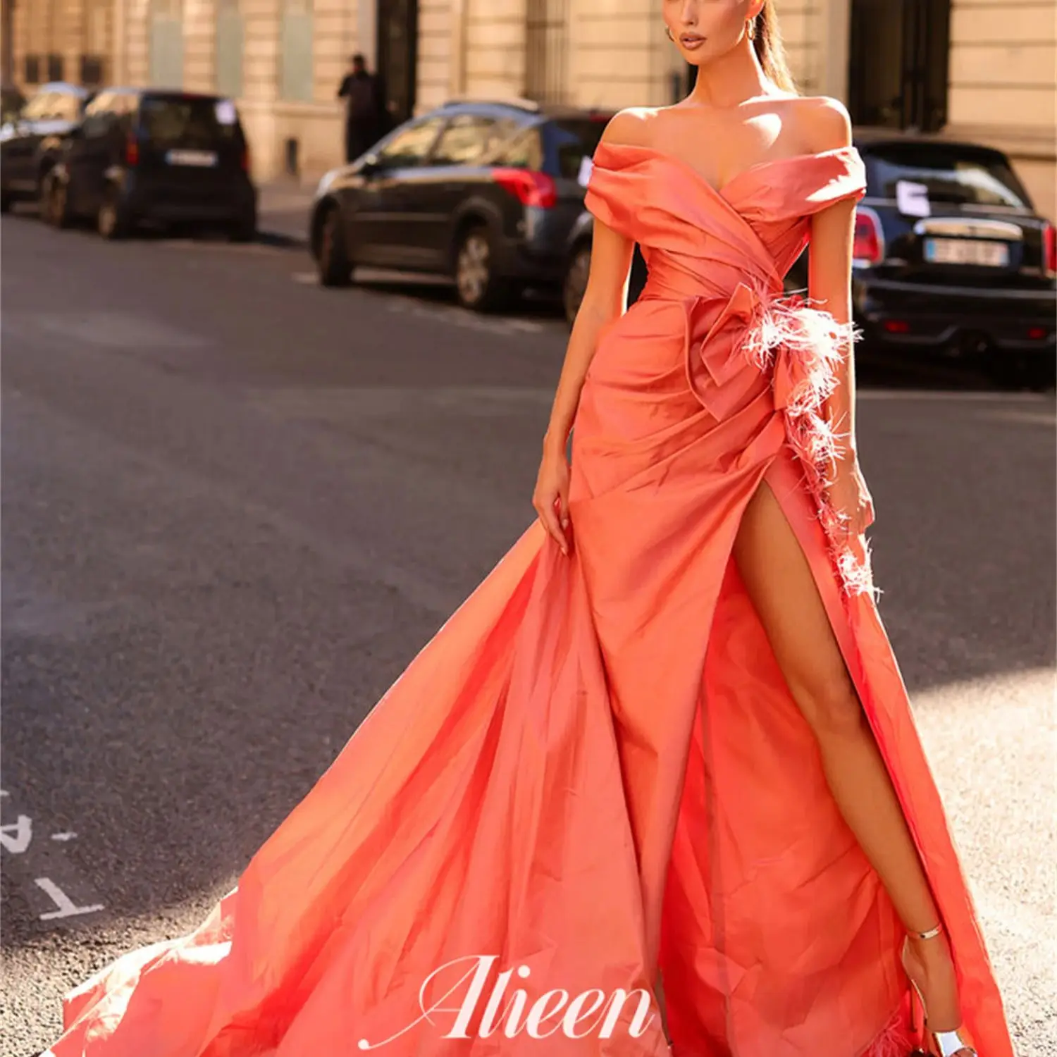 Aileen Long Tail Feather Satin Evening Dresses for Formal Occasions Sharon Happy Dress 2024 Prom Gown Robe De Soiree Femmes Gala