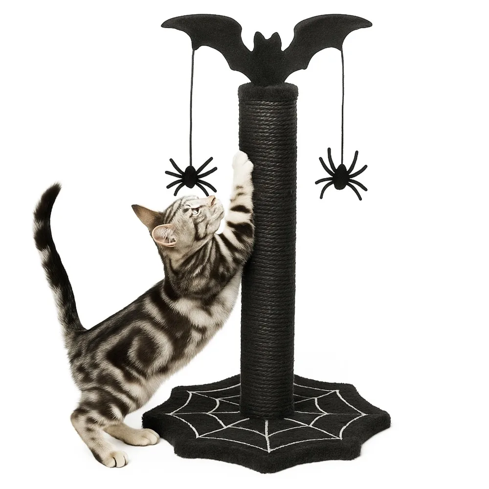 

Indoor Halloween Gothic Cat Scratching Post with Spider Dangling Toy Cobweb Base
