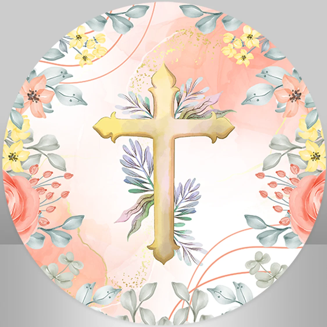 Boho Floral God Bless Baptism Round Backdrop Cover Gold Cross Baby Shower My First Communion Background Photography Props Moon