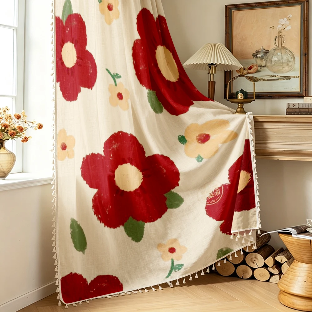 1PC Vintage Tassel Sheer Curtains, Red Poppy Floral, Digital Print, Polyester, Bedroom Living Room, Rod Pocket, Home Decor