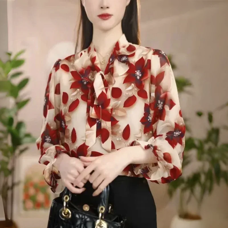

Новинка весны 2025 года, модная рубашка с бантом и принтом, темпераментная женская шифоновая рубашка с длинным рукавом