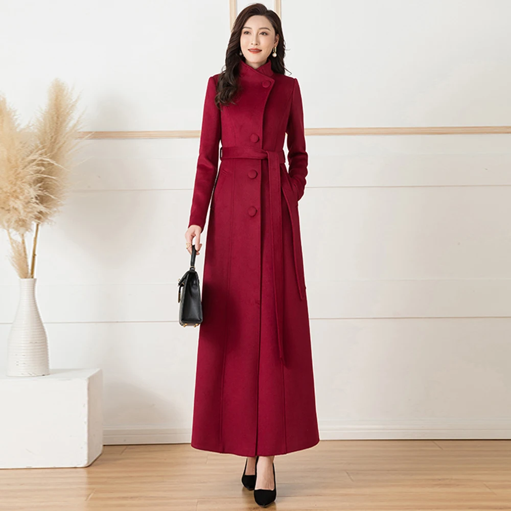 

New Women Wool Blends Coat Autumn Winter Chic Stand Collar Belt Slim Overlength Woolen Coat Elegant Burgundy Wool Overcoat