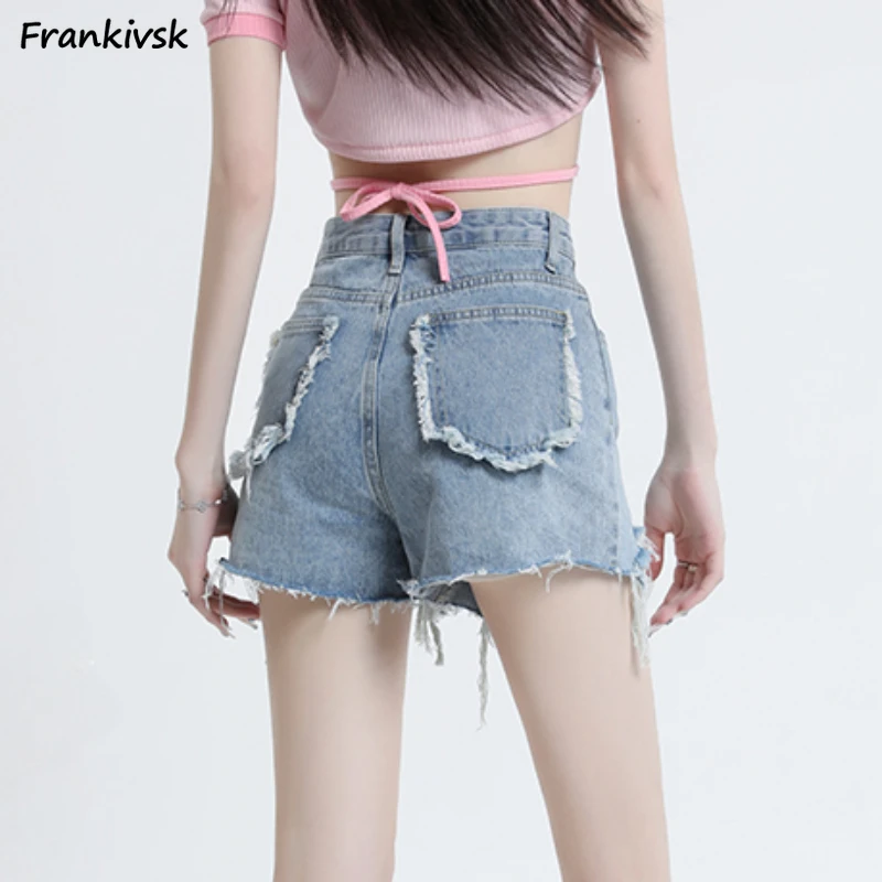 

Shorts Women Denim Frayed Vintage Washed Korean Style Summer Harajuku Asymmetrical Daily All-match Leisure Elegant High Waisted