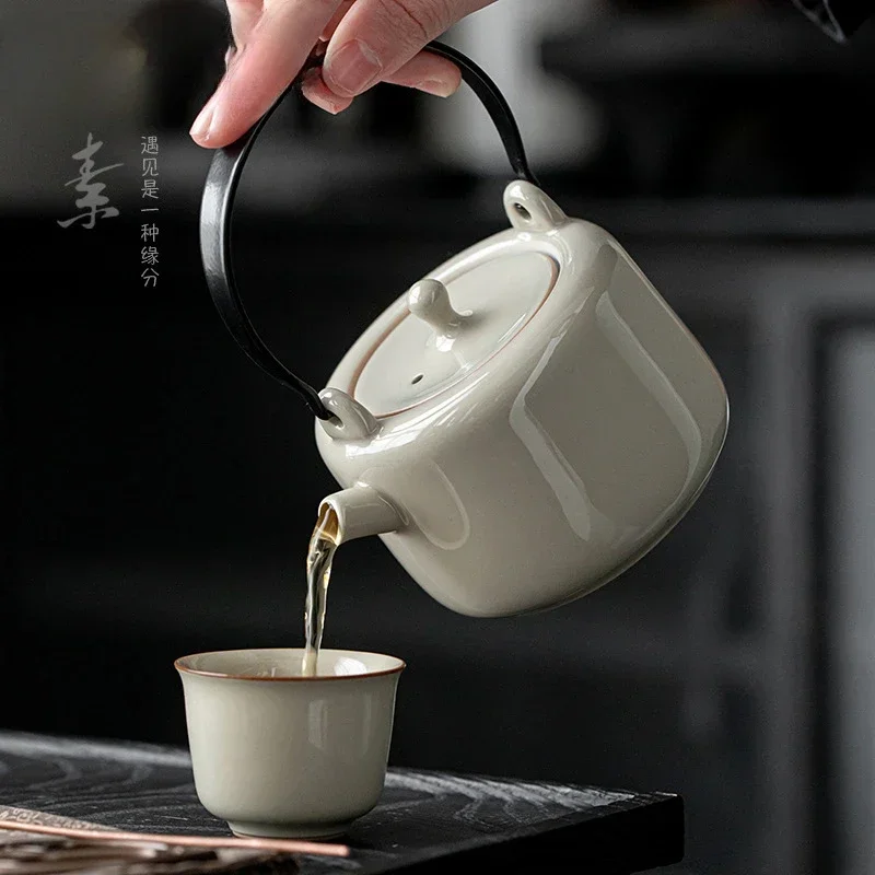 250ml Retro Grass Wood Ash Ceramic Teapot Handmade Hoop Handle Beam Pot Tea Soaking Kettle Drinkware Accessories Collection Gift image 3