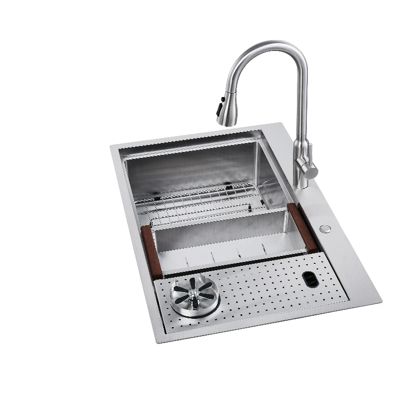 

Multifunctional Modern Kitchen Sink 304 Stainless Steel Waterfall Faucet Handmade Single Bowl with Two Kitchen Holes