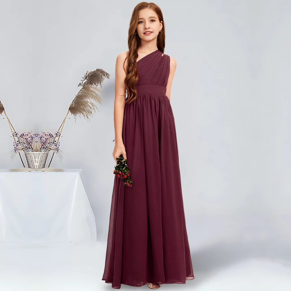 

A-line One Shoulder Floor-Length Chiffon Junior Bridesmaid Dress Cabernet Flower Girl Dress for Wedding Party Dresses For Teens