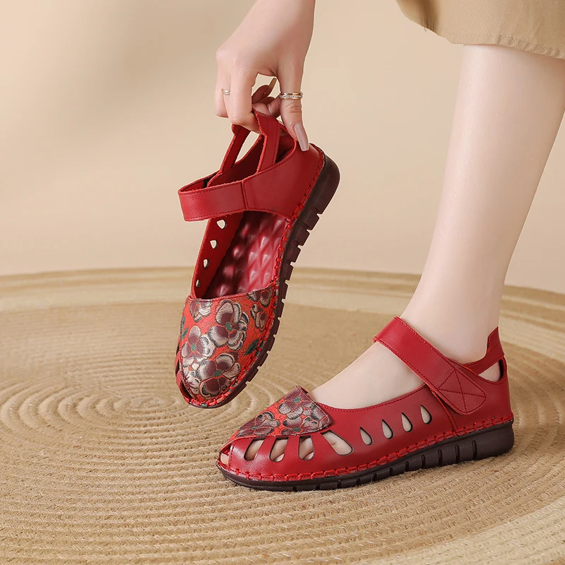 

Новые винтажные женские сандалии на плоской подошве из натуральной кожи, туфли Мэри Джейн, женские туфли без каблука с ремешками в стиле пэчворк, летние красные свадебные туфли, сандалии для мам