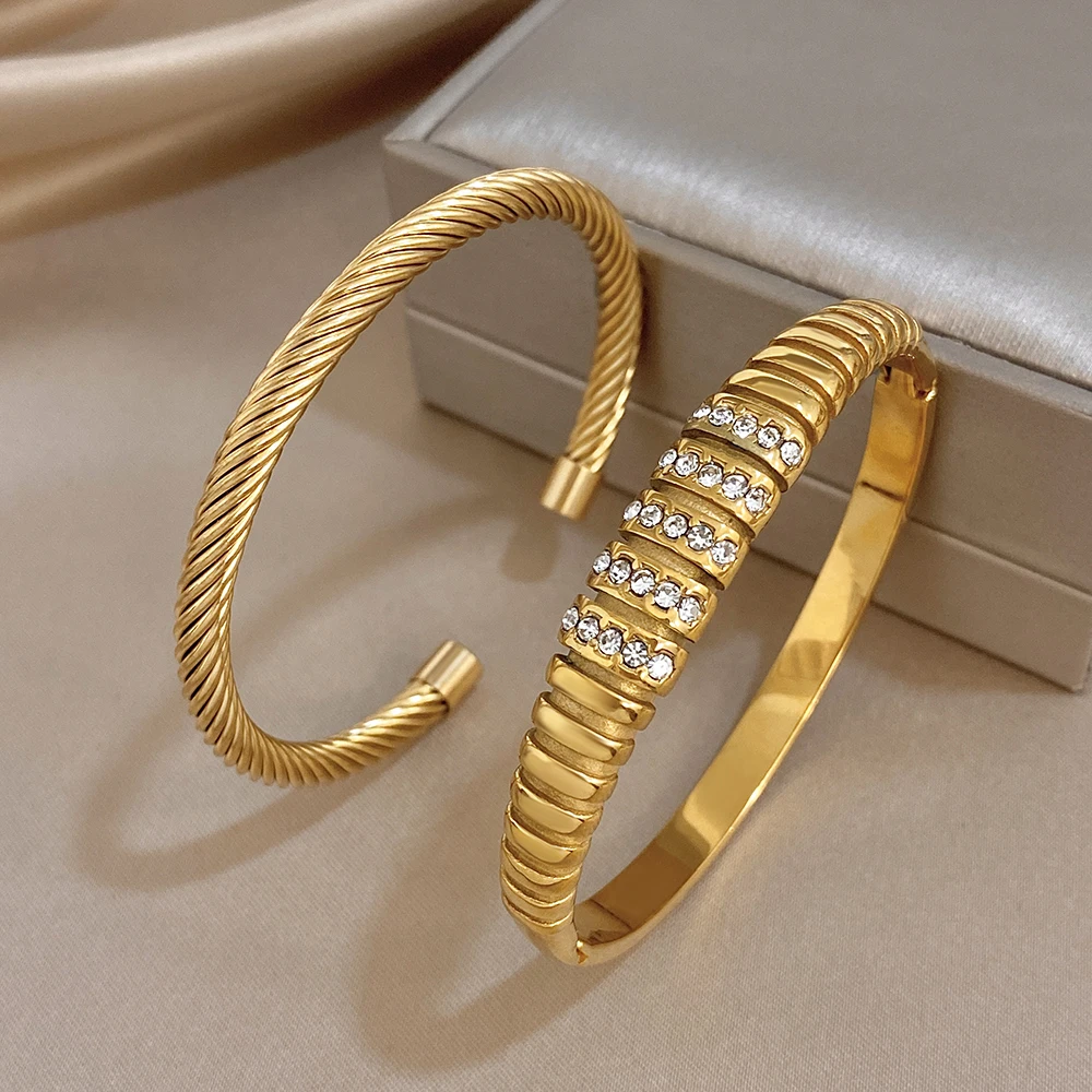 Luxury Twisted Gold Plated Stainless Steel Bracelet Crystal Waterproof Open Cuff Bangle for Women Daily Wedding Jewelry Gift