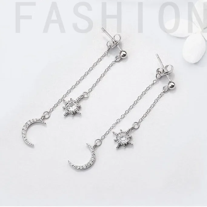 Hot Fashion 925 Sterling Silver Crystal Star Moon long Earrings for Women Girls Gift Fashion Statement Jewelry