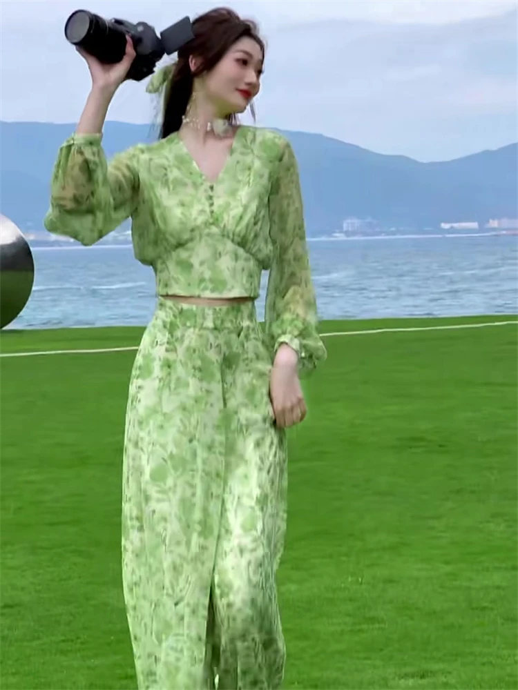 Women's Chiffon Set  Spring New V-neck Fashionable Style Top High Waist Wide Leg Pants Trendy Set Leisure and Comfort Set