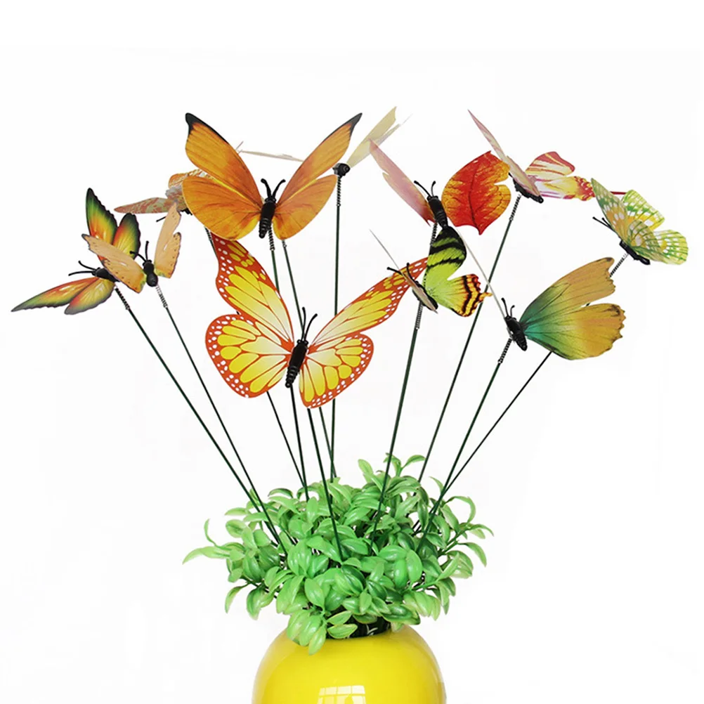 

12pc Simulated Butterfly Decoration Stick Grassland Green Plants Garden Yellow Artificial PVC Home Store Decor