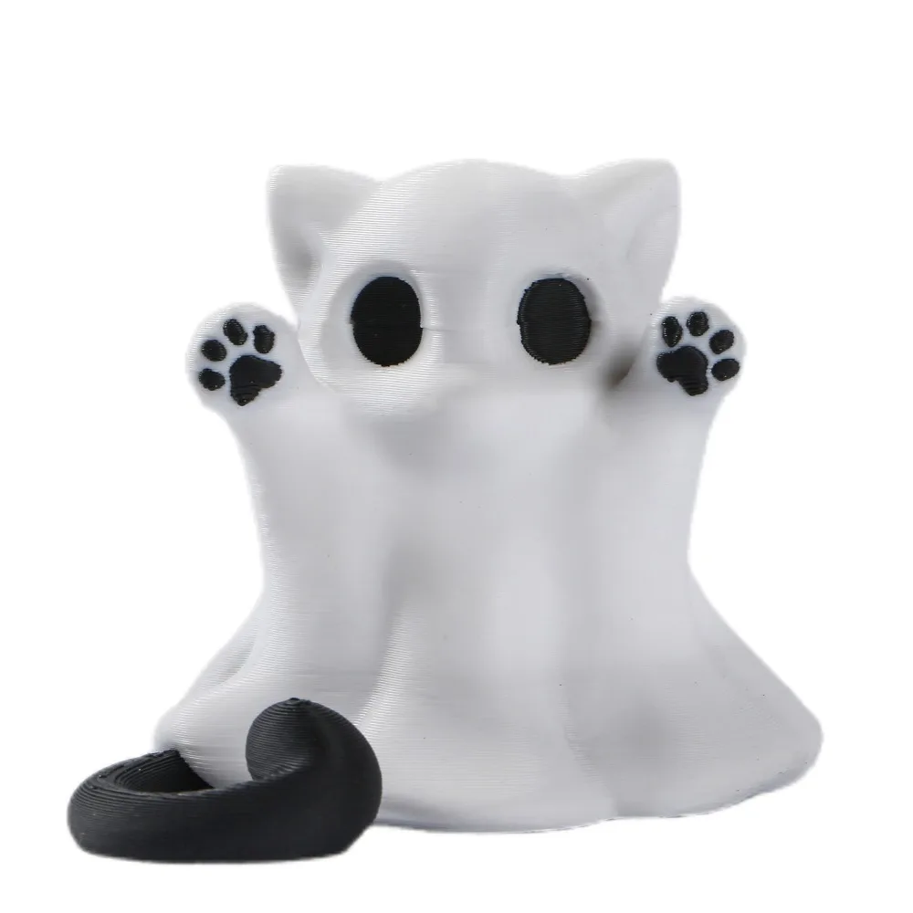 3D-printed Halloween Kitten Ghost Ornament Hand-Raising Posture Plastic Ghost Cat Figurine Mini Halloween Cat Desk Figurine