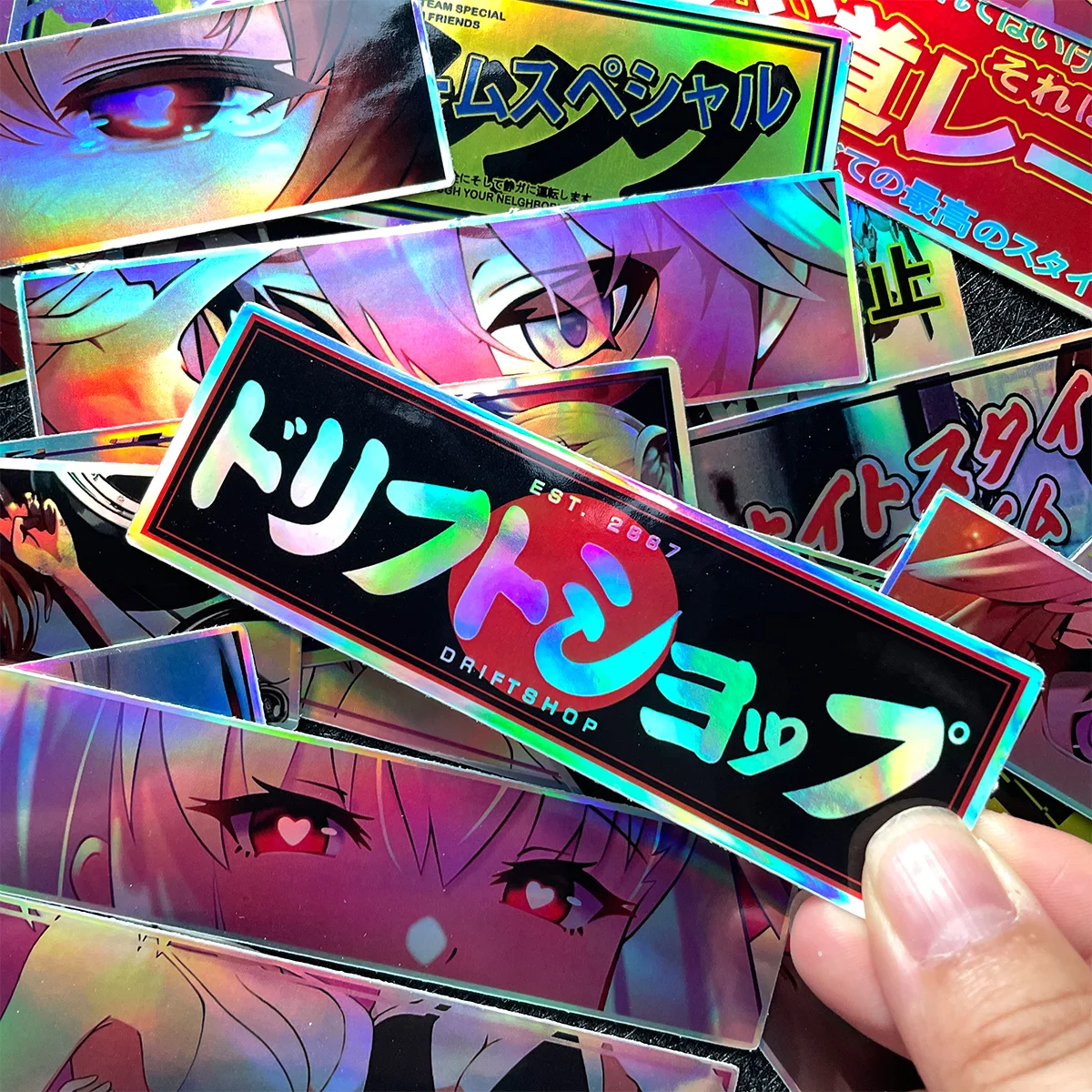 32PCS Random Laser Anime Beauty Eye Stickers Motorcycle Car Bike Helmet Tank Racing JDM Logo Accessories Decals DIY Sticker Pack