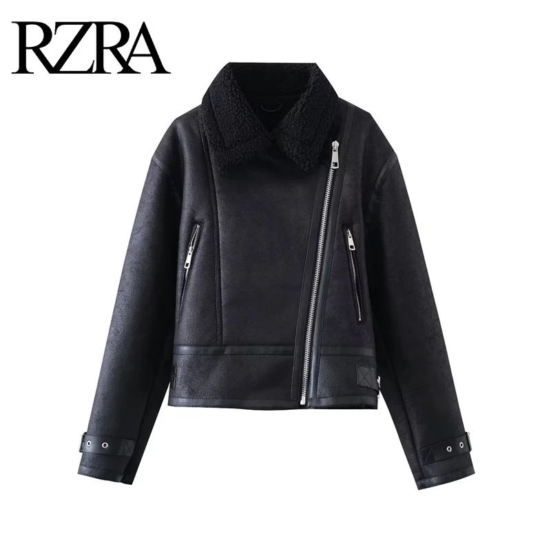 RZRA new autumn women's black temperament versatile loose belted double-sided jacket coat short zipper decoration