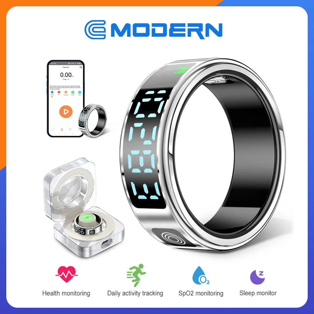 SR08 Smart Ring For Men Women LED Display Screen Heart Rate Blood Oxygen Monitoring Multi Sports Modes IP68 & 5ATM Waterproof